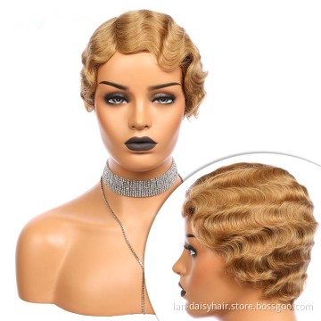 Sweet and cute glueless  Finger wave pixie for black women straight wave women's short machine made human hair wig